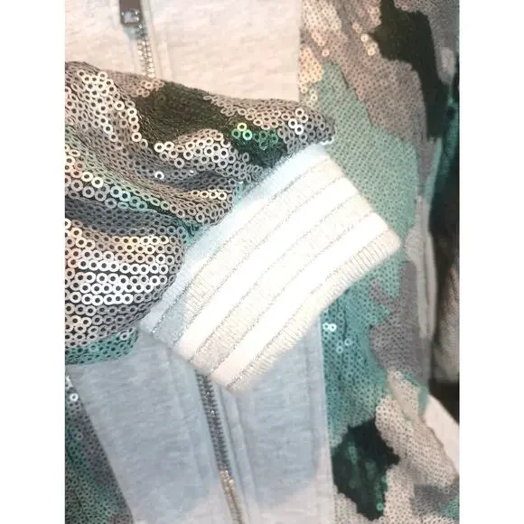 BOSTON PROPER XXS CAMO SEQUIN EMBELLISHED VARSITY FULL ZIP JACKET - Picture 8 of 12